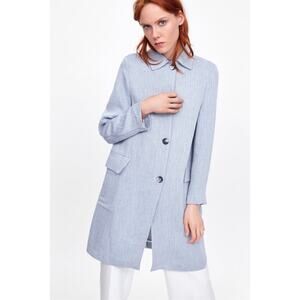 Zara Blue Buttoned Rustic Cotton Viscose Blend Lightweight Coat.
